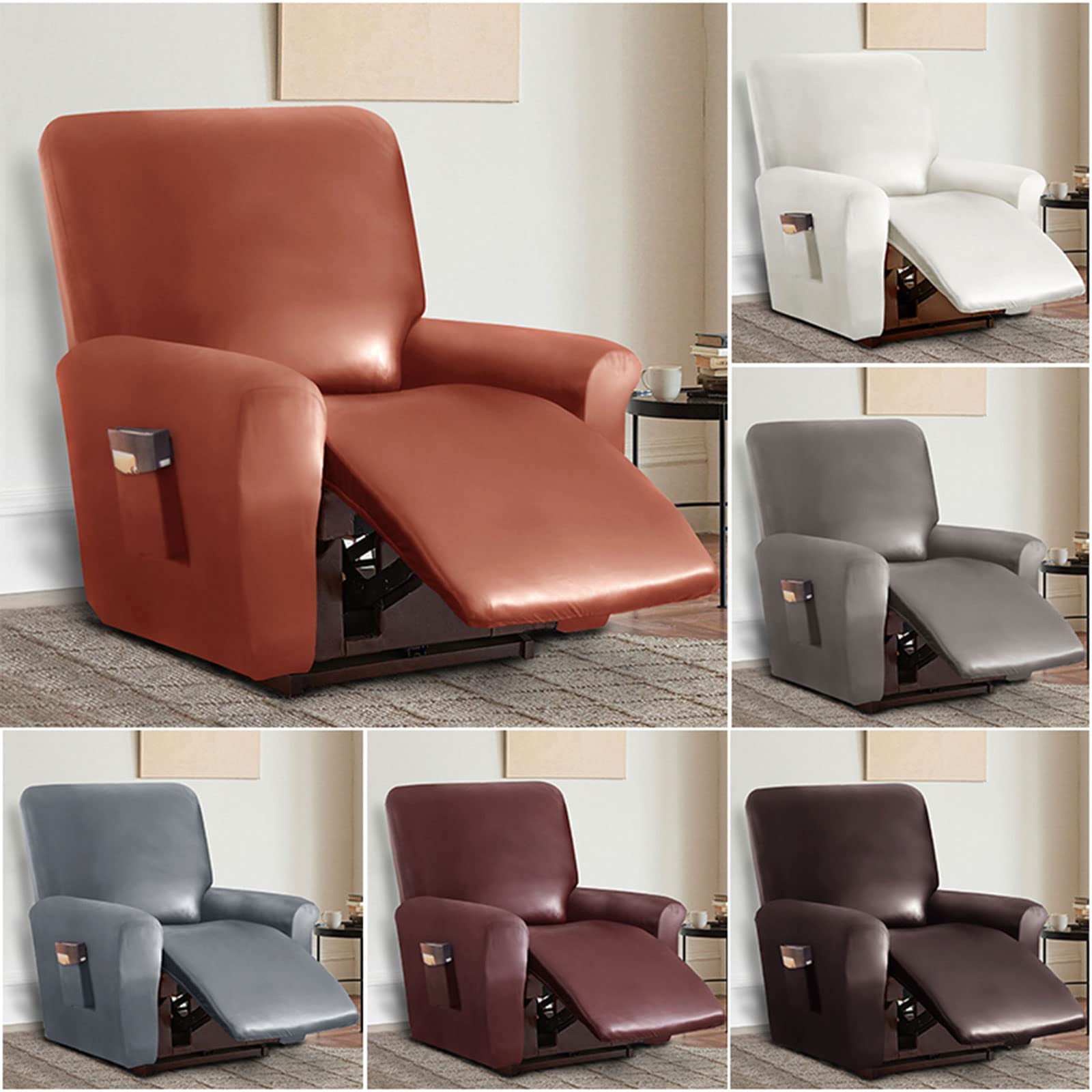 Copripoltrona Relax Reclinabile Impermeabili 4 Pezzi, Fodera per Poltrona Reclinabile Elasticizzate in Pelle PU per 1 Posti, Fodera per Sedia Reclinabile Lavabile Antiscivolo Sal(Color:Caffè Profondo)