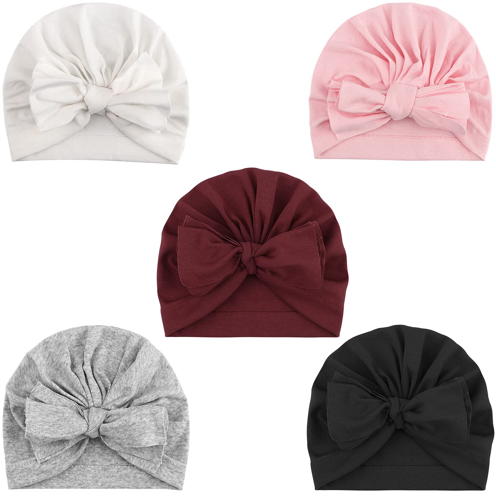 DRESHOW 5 Pieces Baby Turban Hats Turban Bun Knot Baby Infant Beanie Baby Girl Soft Cute Toddler Cap