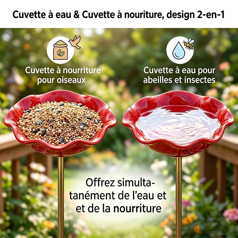 Bain d'Oiseaux Exterieur sur Pied Artisanal Fleur Ceramique 2 en 1 Abreuvoir Abeilles Mangeoire Oiseaux Jardin Rose