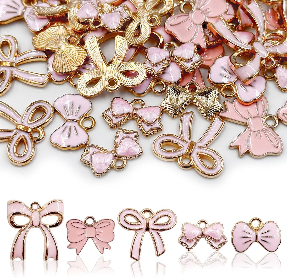 Bownot Charms Bulk Pink Bow Charms, 40pcs Alloy Enamel Flat Bow Tie Dangle Pendants,Cute Bow Charm for Jewelry Making DIY Craft Earrings Neclaces Bracelet Supplies
