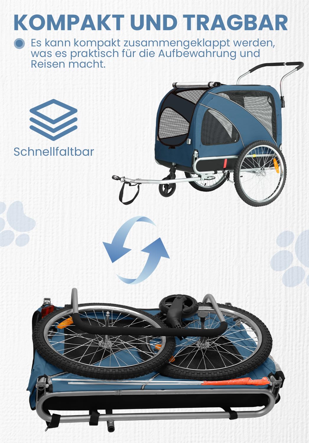 Hunde Fahrradanhänger XL, 2 in 1 Hundeanhänger & Jogger mit Reflektor und Bremse, 600D Oxford Canvas, maximale Belastung 40kg-Blau