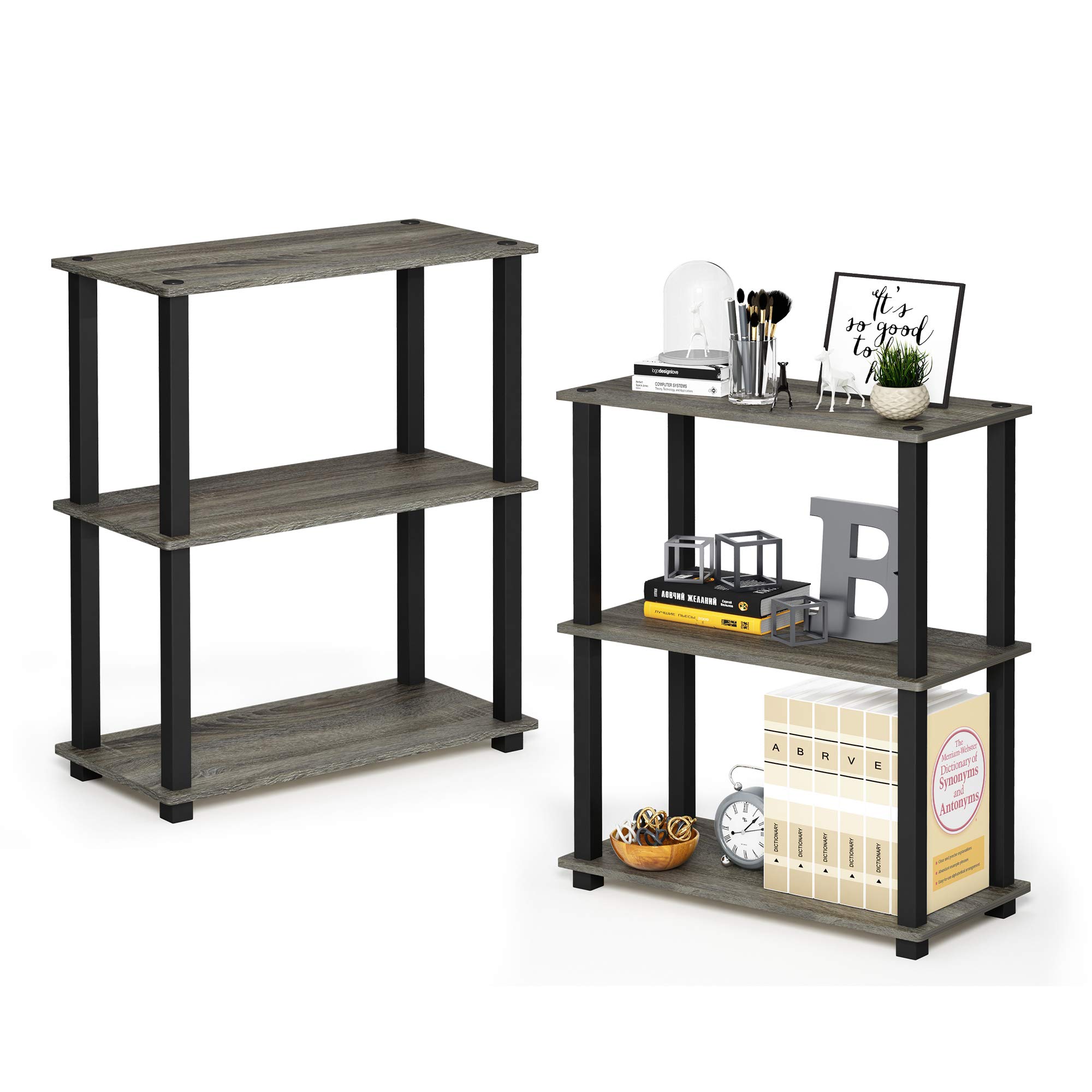 Furinno TURN-S-TUBE Storage Shelves Set of 2, 3-Tier Book Shelf, Corner Shelf, Toolless Open Shelves, Square Tubes, for Organization and Storage, Living Room, Garage, Home Office, French Oak