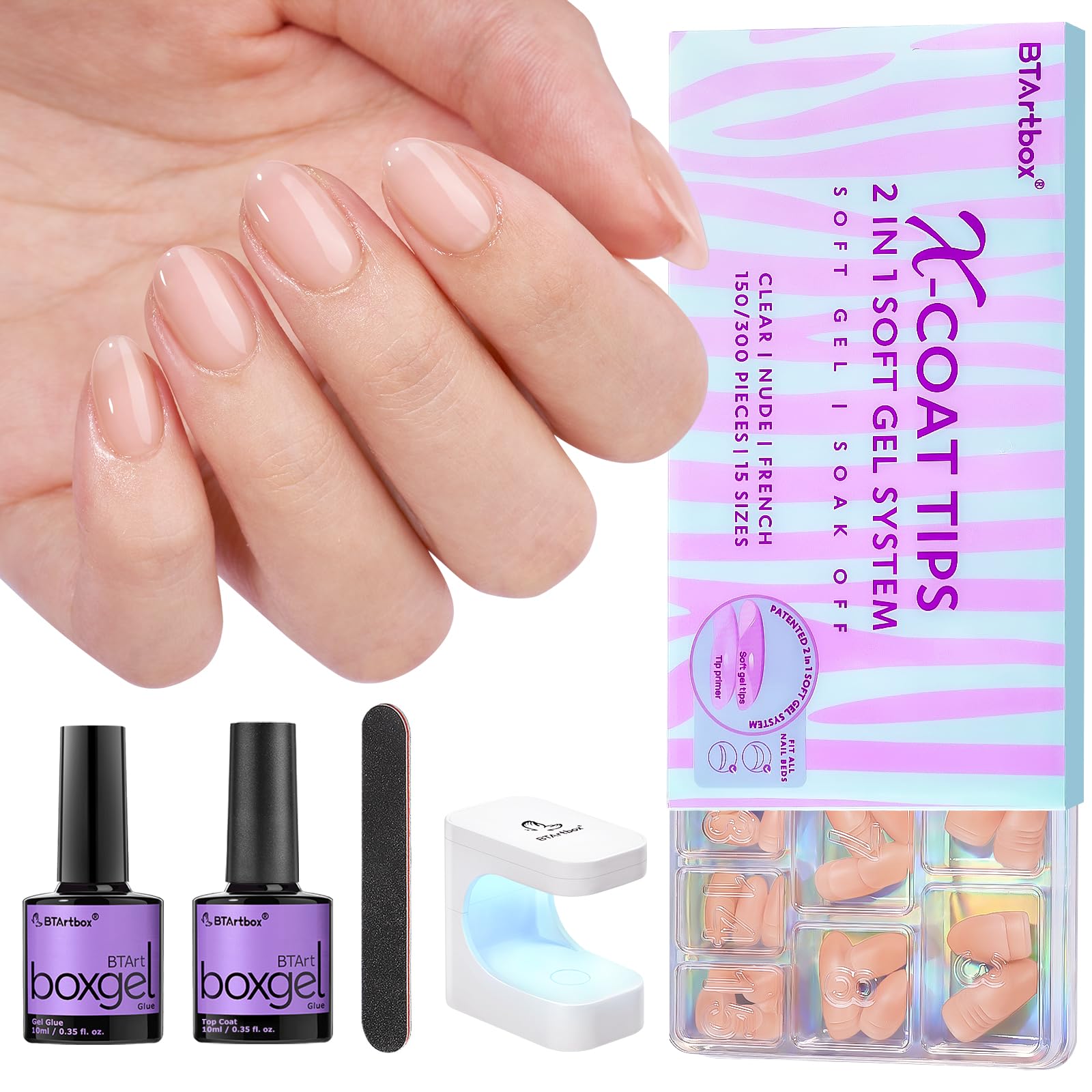 Soft Gel Nail Tips and Glue Gel Kit - BTArtbox Soft Gel Nail Kit, 2 in 1 X-coat Tips with Tip Primer Base, 150pcs Extra Short Almond Nails Fake Nails with Gel Nail Glue Top Coat Nail Extension Kit, Nude