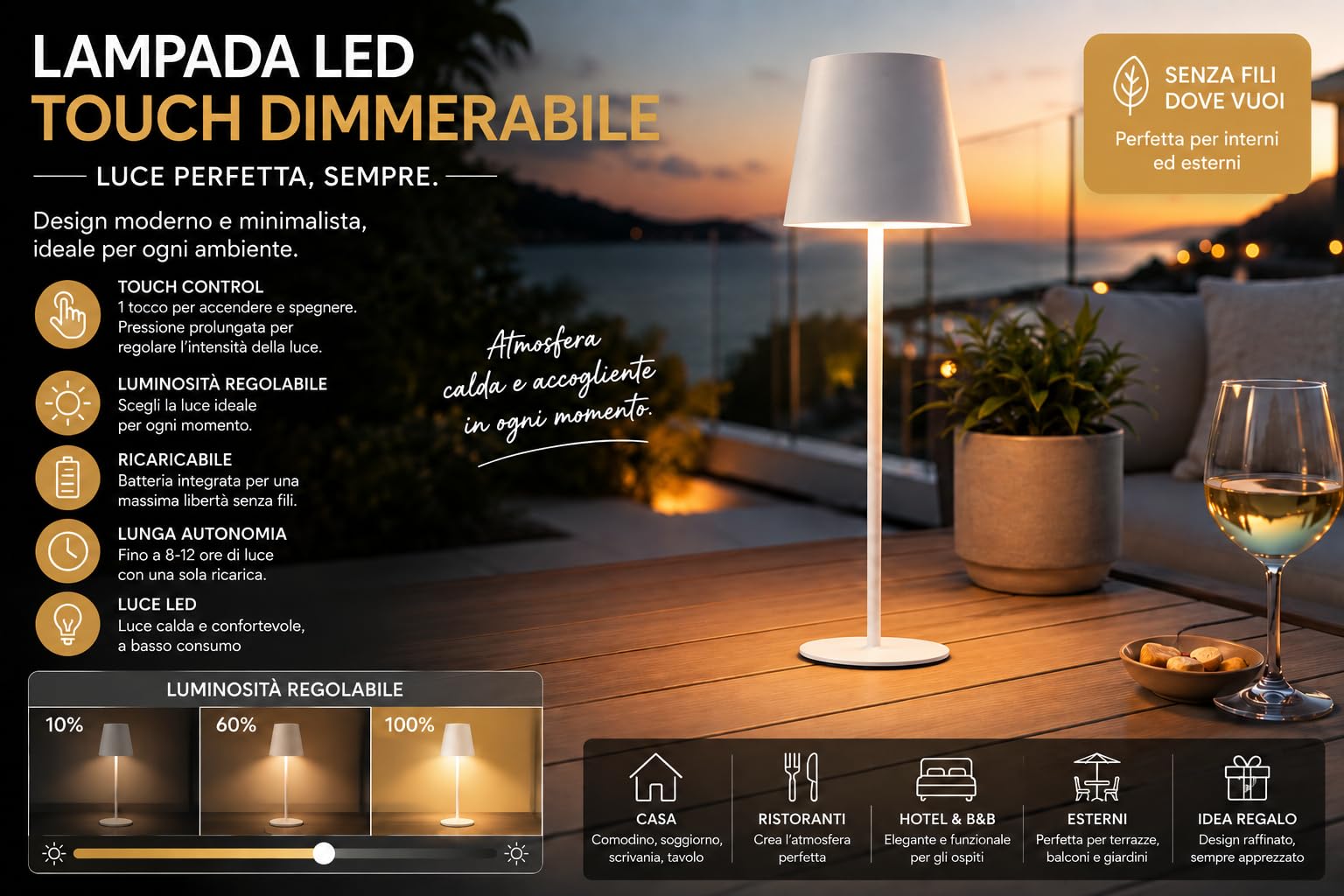 Set di 8 Lampada da Tavolo Bianco Touch Senza Fili Ricaricabili, LED Dimmerabili con 3 Tonalità di Luce 3000-6500K, Impermeabili IP54, Ideali per Interni ed Esterni