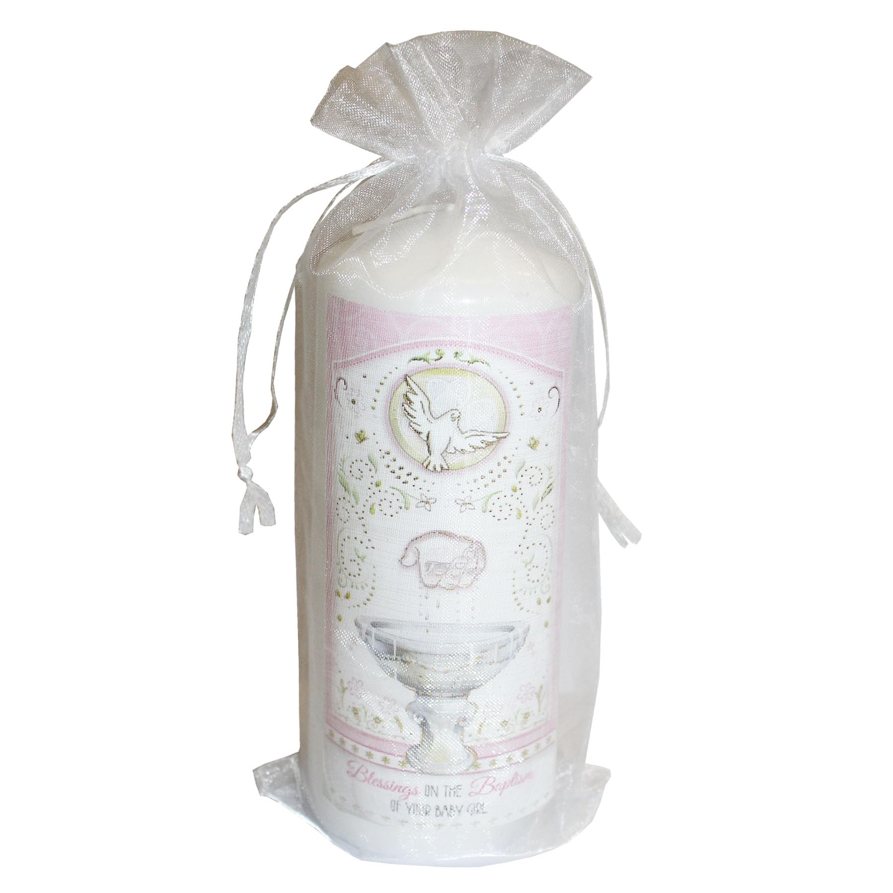 2527 Bougie pilier pour baptême de bébé fille dans un sac en organza
