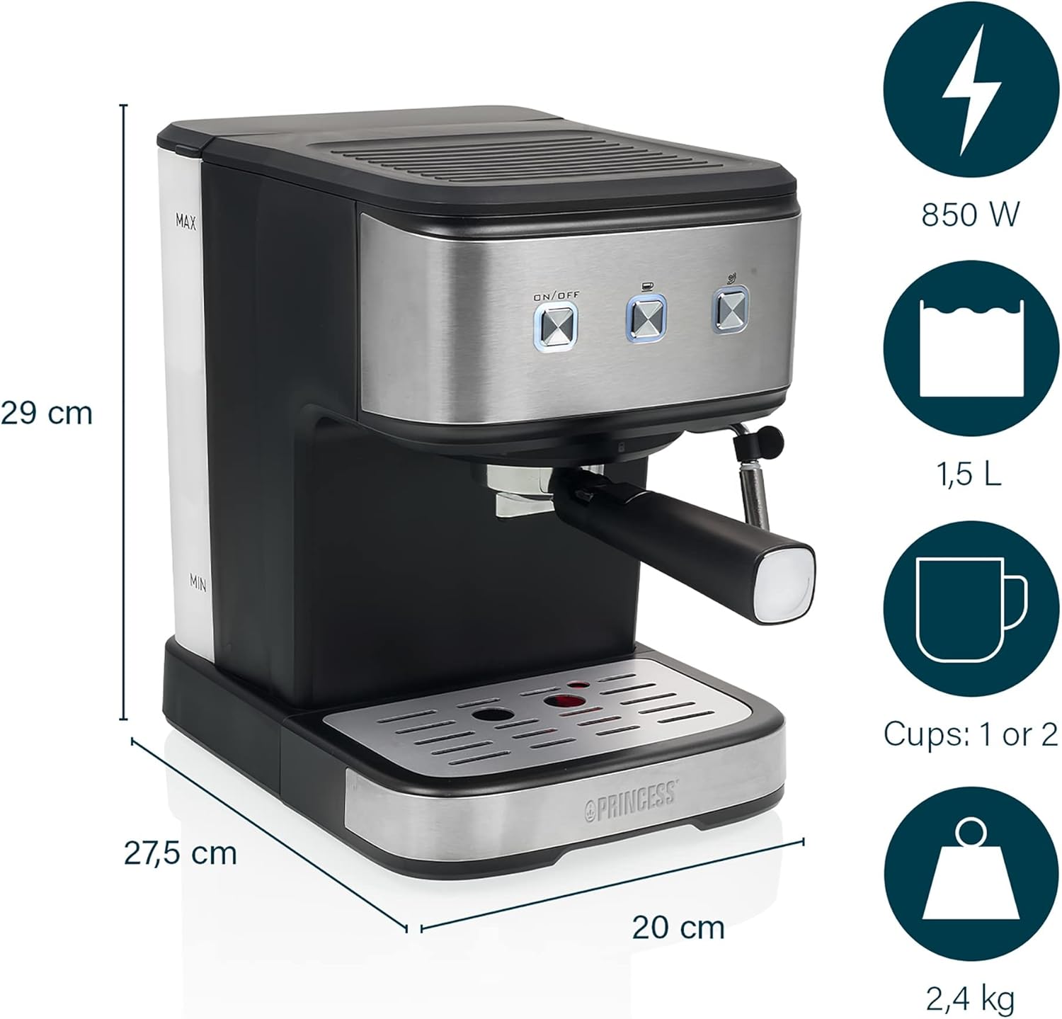 Princess Macchina da caffè Espresso e Capsule, 850 watt, 1.5 litri, 20 Bar Serbatoio Acqua, Cappuccinatore 249413