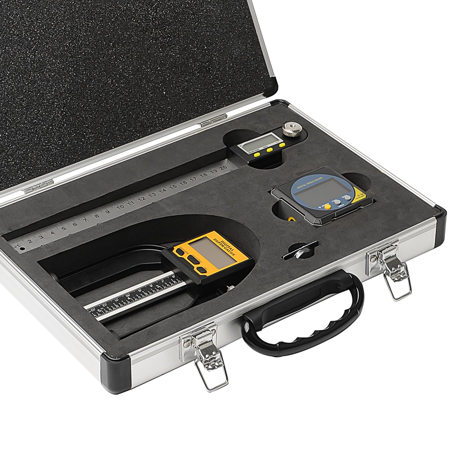 Exqutoo Lot de 3 outils numériques pour le travail du bois - Jauge de profondeur numérique - Inclinomètre magnétique à 4 côtés inclus - Outils de mesure pour le travail du bois, la construction, la