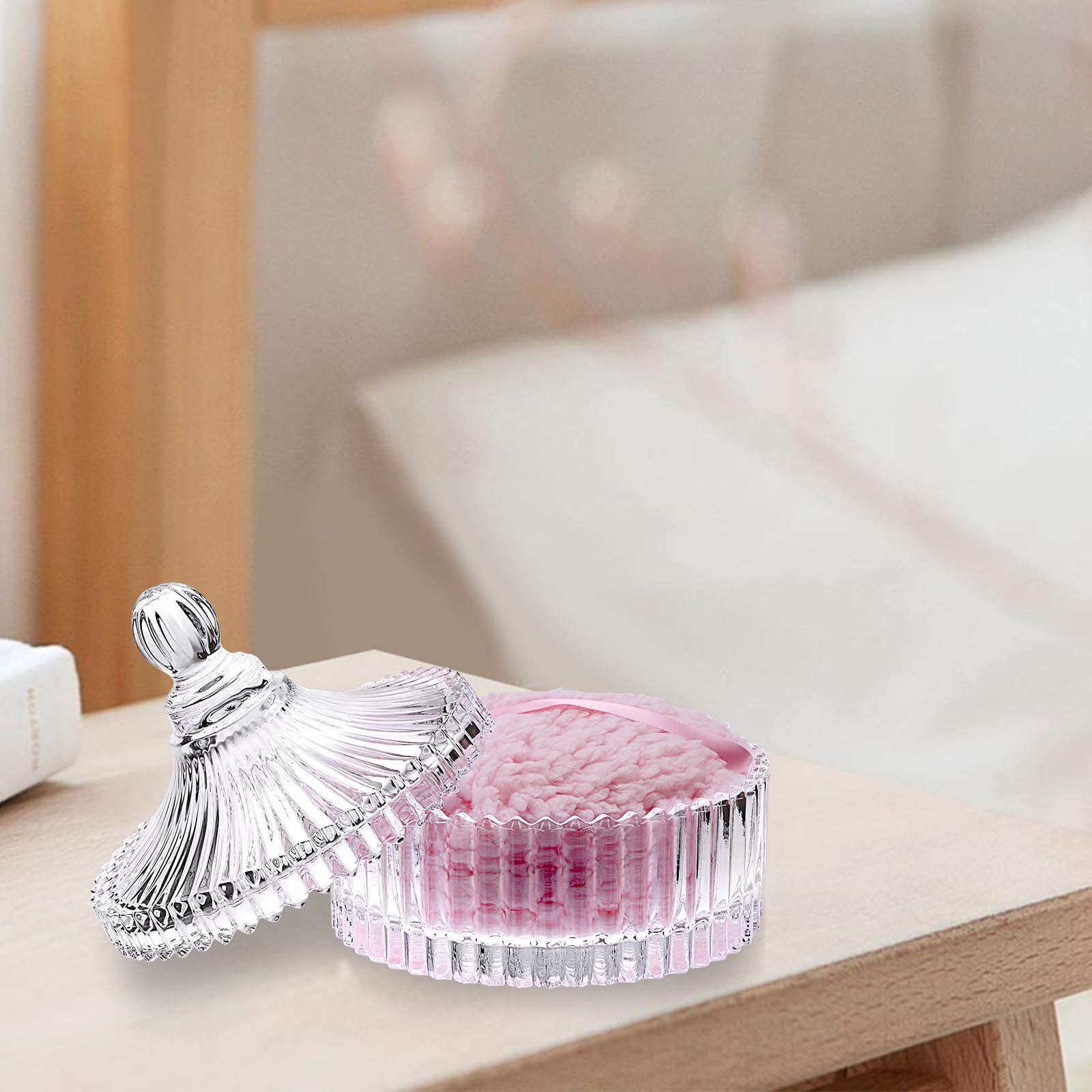 Körper Puderdose mit Quaste Babypuder Box Transparent Glas Dose mit Rosa Puderquaste Yurt-Form Behälter für Körperpuder, Loses Puder, Talkumpuder Damen Geschenk Durchmesser 14,5 cm, Kein Puder