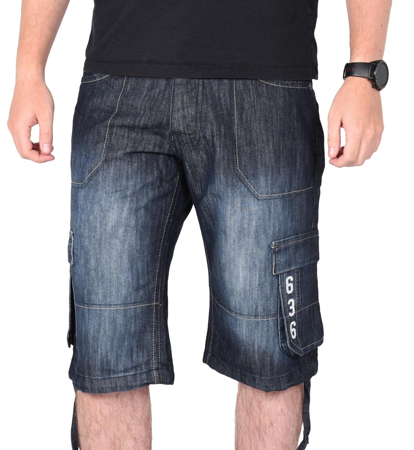 True Face Mens Shorts Cargo Pockets Denim Combat Chino Button Up Flat Front Army Workwear Knee Length Straight Leg Casual Summer Work Half Pants Bottom Size 42 Dark Wash