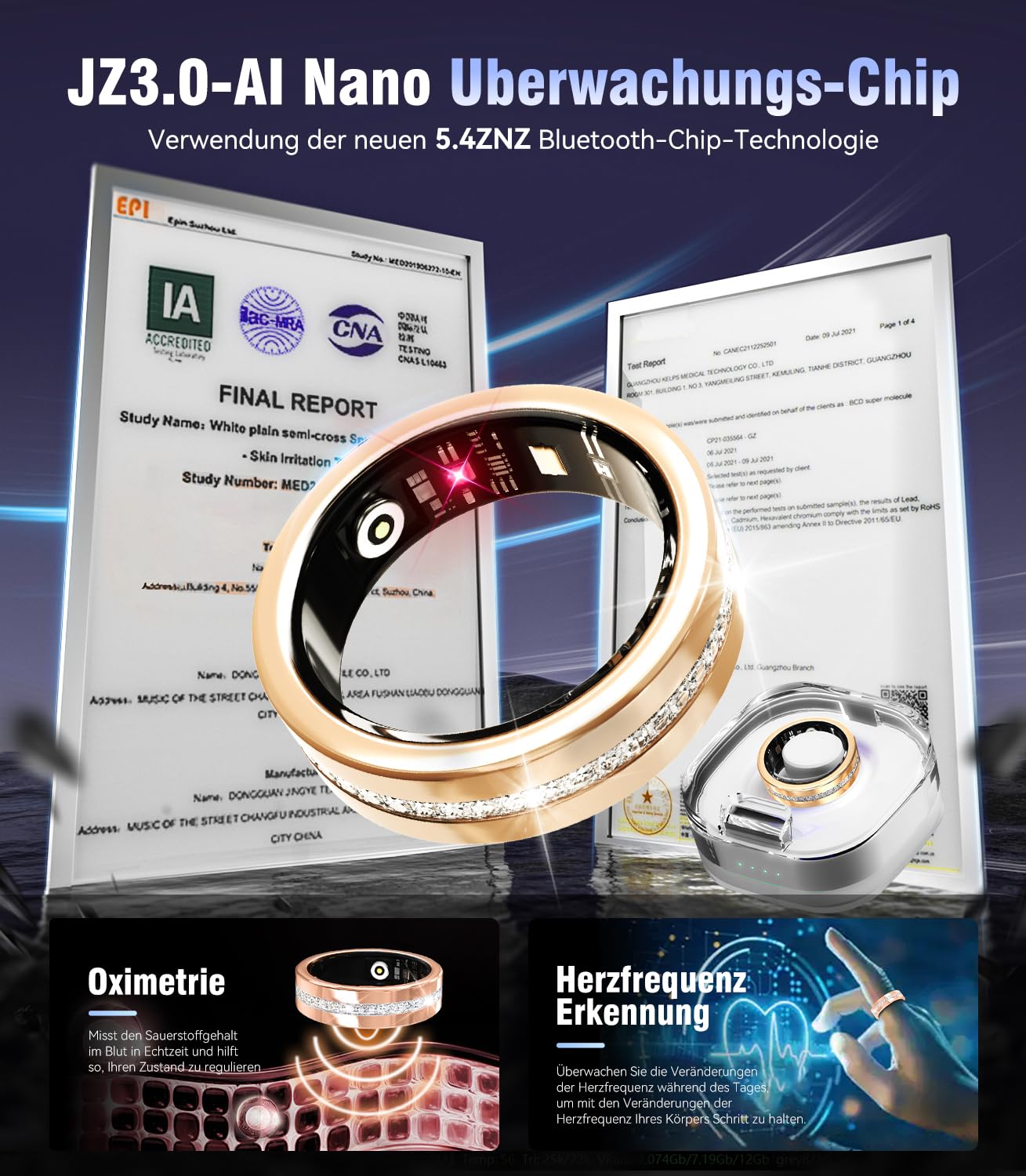 10. Gen Diamant Smart Ring 【IP68 Wasserdicht-0 Messfehler】 und Kabelloses Ladeetui, Fitness Tracking Ring with Heart Rate, Sleep Monitor，Smartring Kompatibel mit Android und iOS,Gold 8