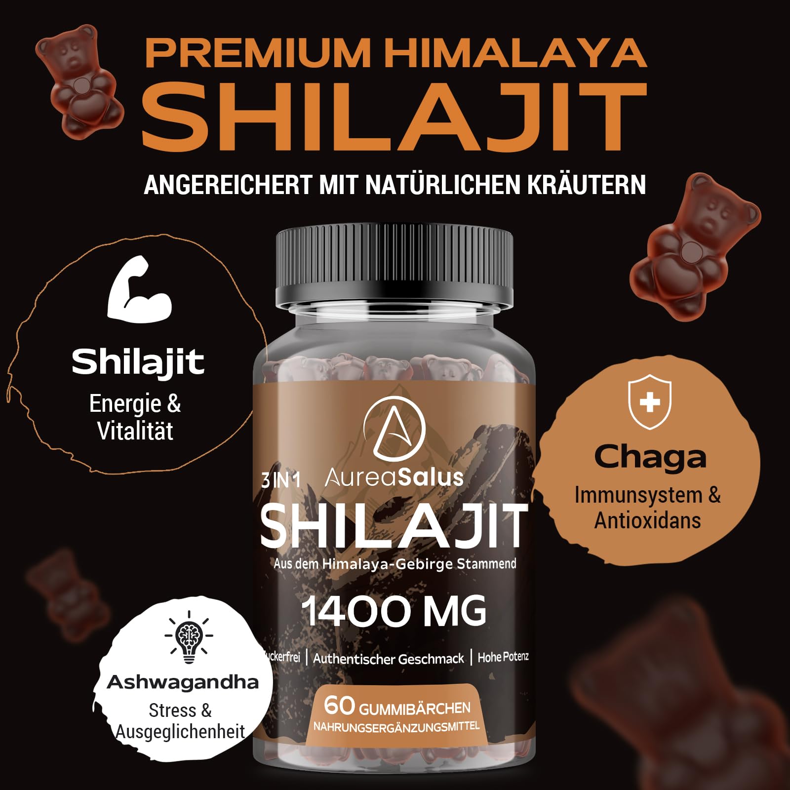Gominolas de Shilajit 1.400 mg/día (extracto 20:1), con Ashwagandha y Chaga, 5% ácido fúlvico, veganas, sin azúcar ni aditivos, 60 unidades aptas para hombres y mujeres