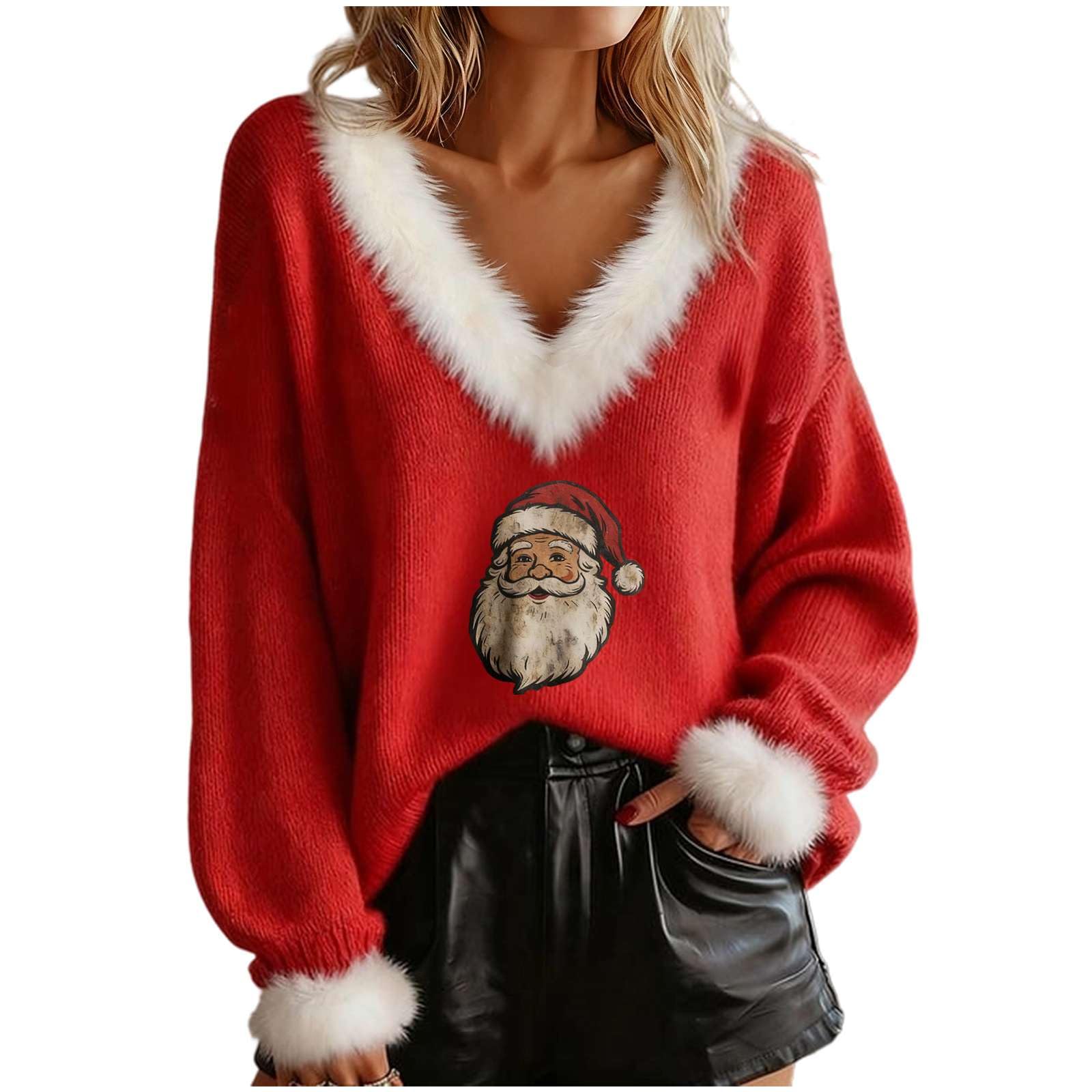 GDSAFS Ugly Holiday Sweater for Women Fur Collar Attire Christmas Pullover Fall Winter Christmas Festive Sweater