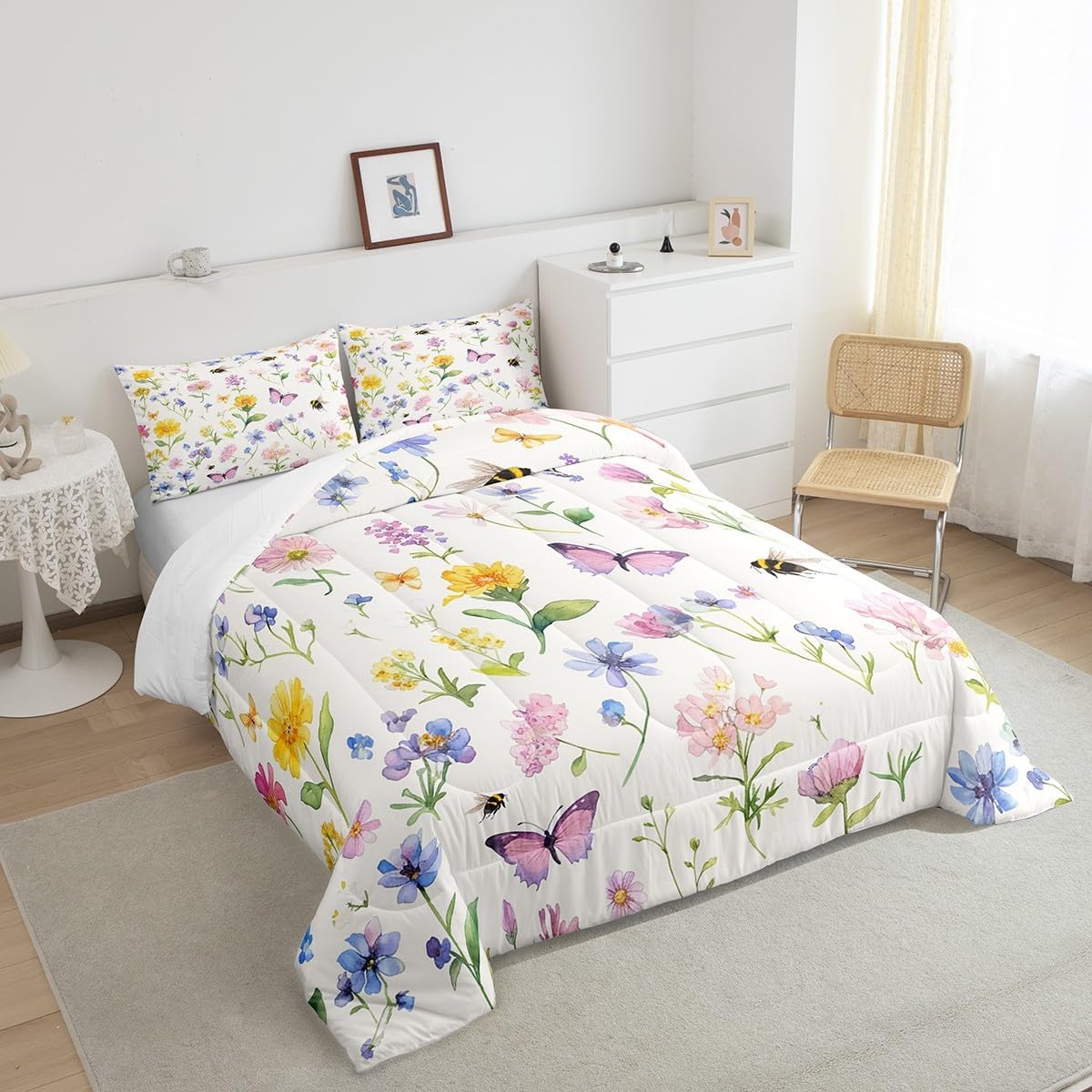 Manfei Flowers Bedding Set Queen Size Rustic Butterfly Bee Comforter Shabby Chic Comforter Set Pink Yellow Beige Duvet Set 3Pcs Quilt Set Girls Women Bedroom Decor 1 Comforter Set with 2 Pillowcase - Image 5