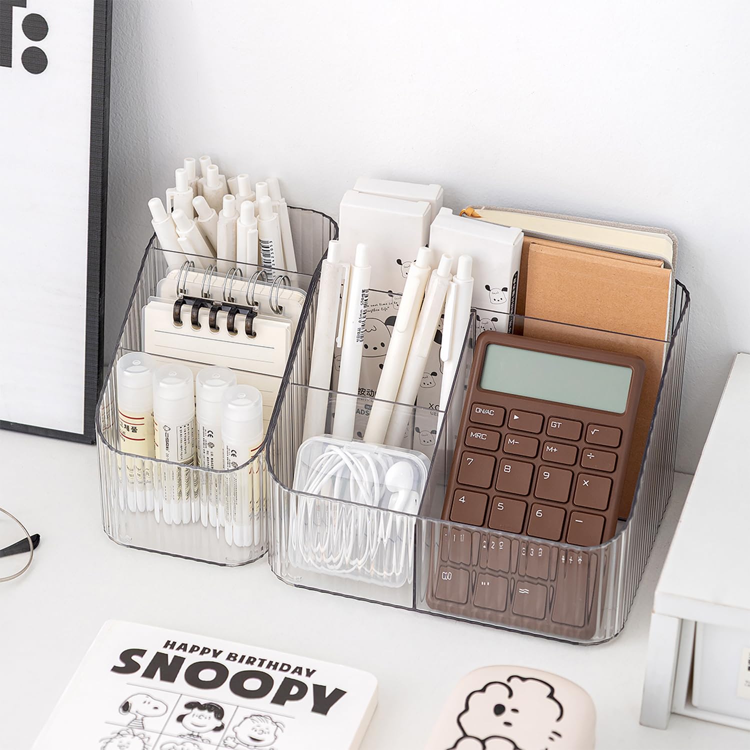 Amazon Basics Transparent Desk Organiser Combo | 3 & 4 Compartment Units | 3.9 × 14.9 × 12 cm & 18 × 14.8 × 12 cm | White | Plastic | Compact Storage for Office, Makeup, or Crafts | Pack of 2