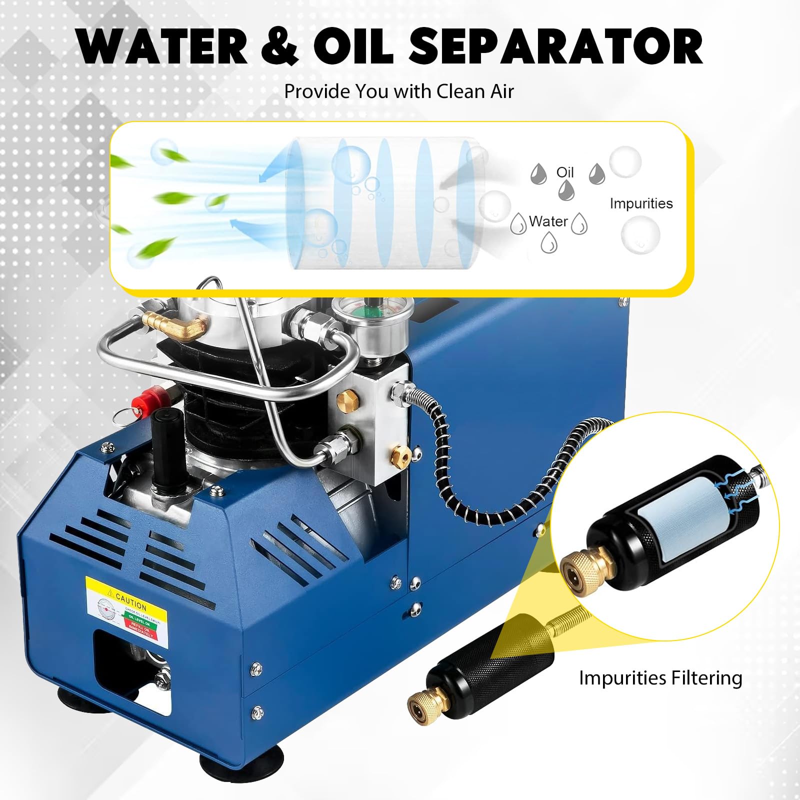 PCP Kompressor 300bar Kompressor Hochdruck Hochdruckluftpumpe1800W 30Mpa 4500PSI Elektrischer Luftkompressor PCP mit Öl-Wasser-Trenner, Luftpumpe für Druckluftpistole, Paintball-Tank