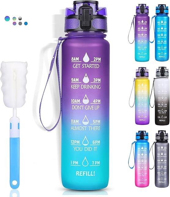 LEHOM Sports Water Bottle, 1 Litre Motivational Water Bottle with Time Markings, Reusable BPA Free Leakproof Drinks Bottle with Filter & Cleaning Brush One Click Open for Kids, Adults, Gym, Cycling