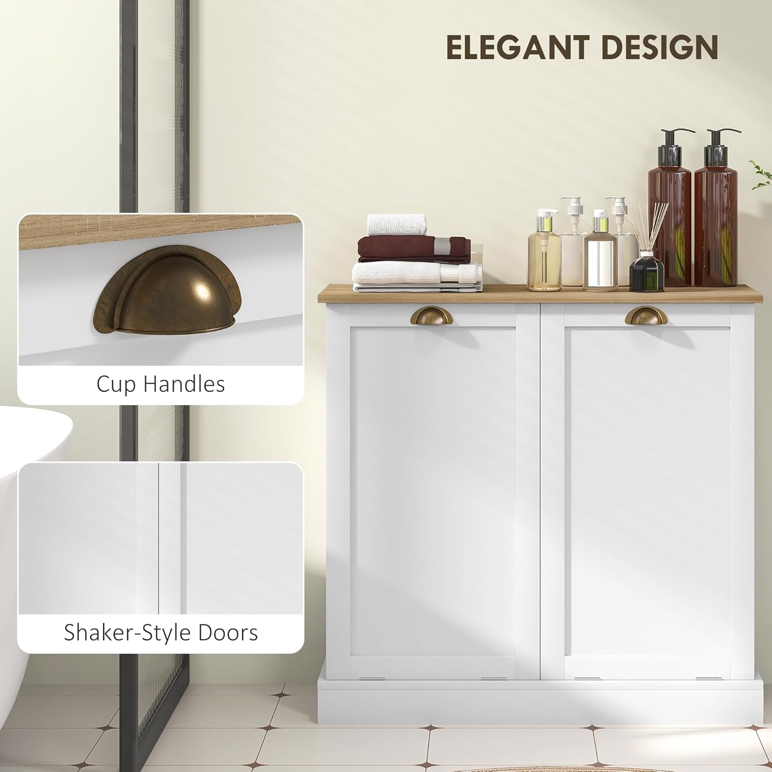 HOMCOM Double Tilt-Out Laundry Hamper Cabinet with 2 Removable Basket, Modern Bathroom Storage Cabinet with Shaker Doors and Handles, White