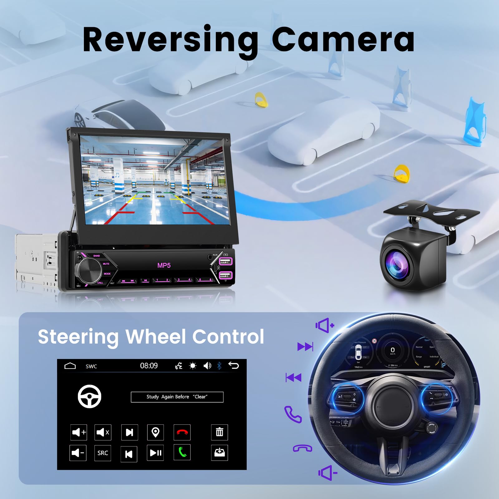 1 Din Ecran Rétractable Autoradio, Hodozzy Écran Tactile IPS de 7 Pouces Poste Radio Voiture 1 Din Bluetooth Lien Miroir, Autoradio avec Radio FM, Type-C USB AUX U-Disk, Contrôle du Volant et Caméra