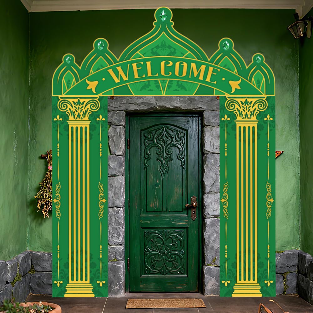 WADORN Green Castle Door Porch Banner, 6.5x8.5 Ft Witch Princess Party Backdrop Decoration Fairytale Porch Photography Background Hanging Banner for Wizard Princess Birthday Party Supplies