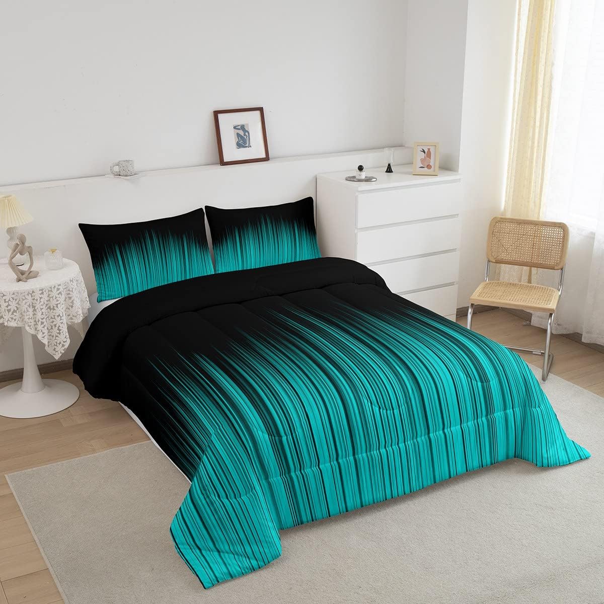 Feelyou Abstract Ombre Comforter Set Kids Teens Teal and Black Girls Bedding Set Room Decor Fashion Modern Women Quilt Set with 1 Pillowcase 2Pcs Bedding Twin