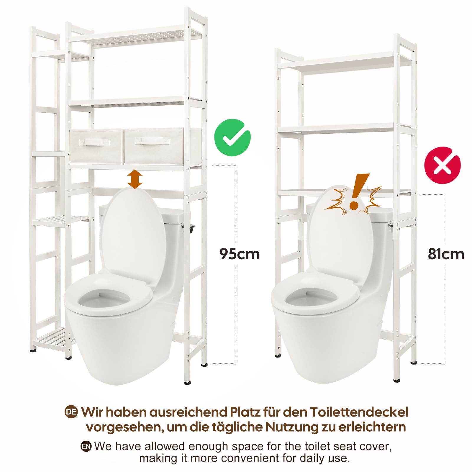 Yorbay Étagère WC en bambou : étagère de toilette à 3 étages et 2 paniers (blanc) | Réglable avec repose-pieds imperméable - Étagère de salle de bain multifonctionnelle - Peu encombrante - Montage facile