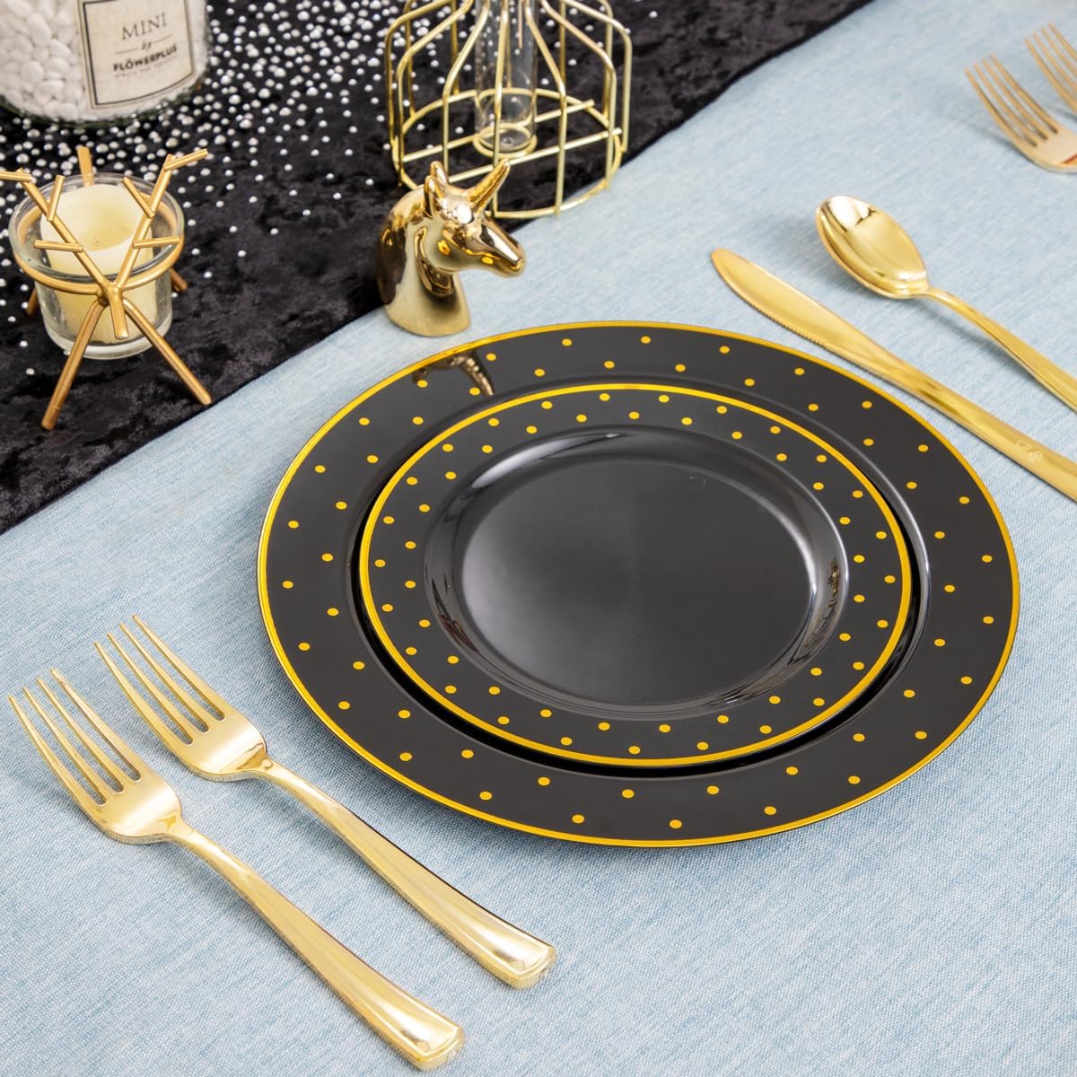 DaYammi 200Pcs Gold and Black Plastic Plates with Silverware,Black Disposable Plates for Party Black Gold Supplies Includes 40 Dinner Plate,40 Dessert Plate,40 Forks,40 Knives,40 Spoons for Party