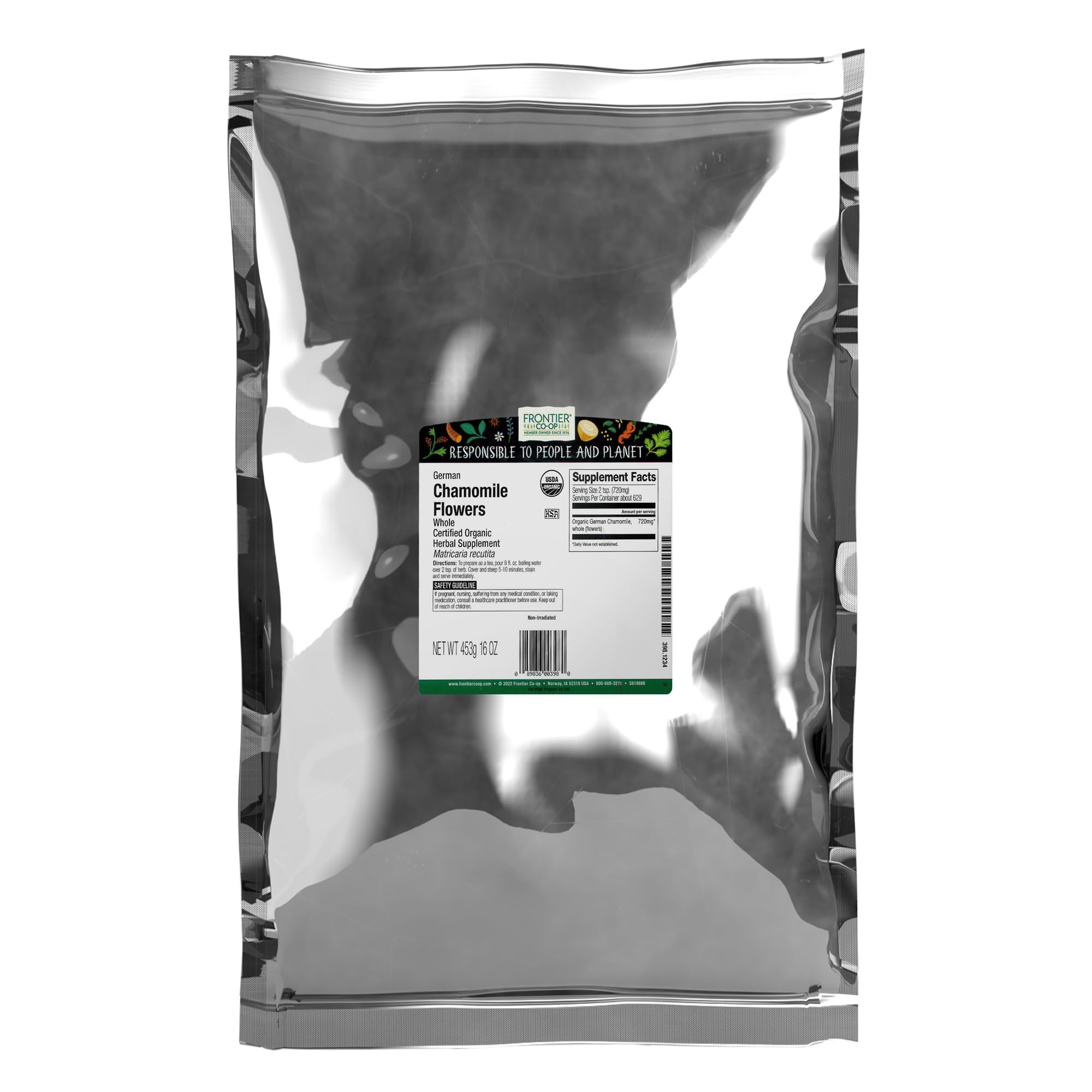 Frontier Co-op Organic Whole Chamomile Flowers, Kosher, Bulk Herb - Dried Chamomile Flowers for Tea, Natural Skincare Recipes and More | 16 Ounce (Pack of 1)