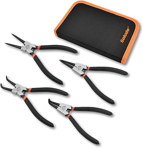 SOLUDE Juego de 4 alicates de anillo a presión, kit de alicates de 7 pulgadas con mandíbula rectadoblada, herramienta de anillo de presión interna y
