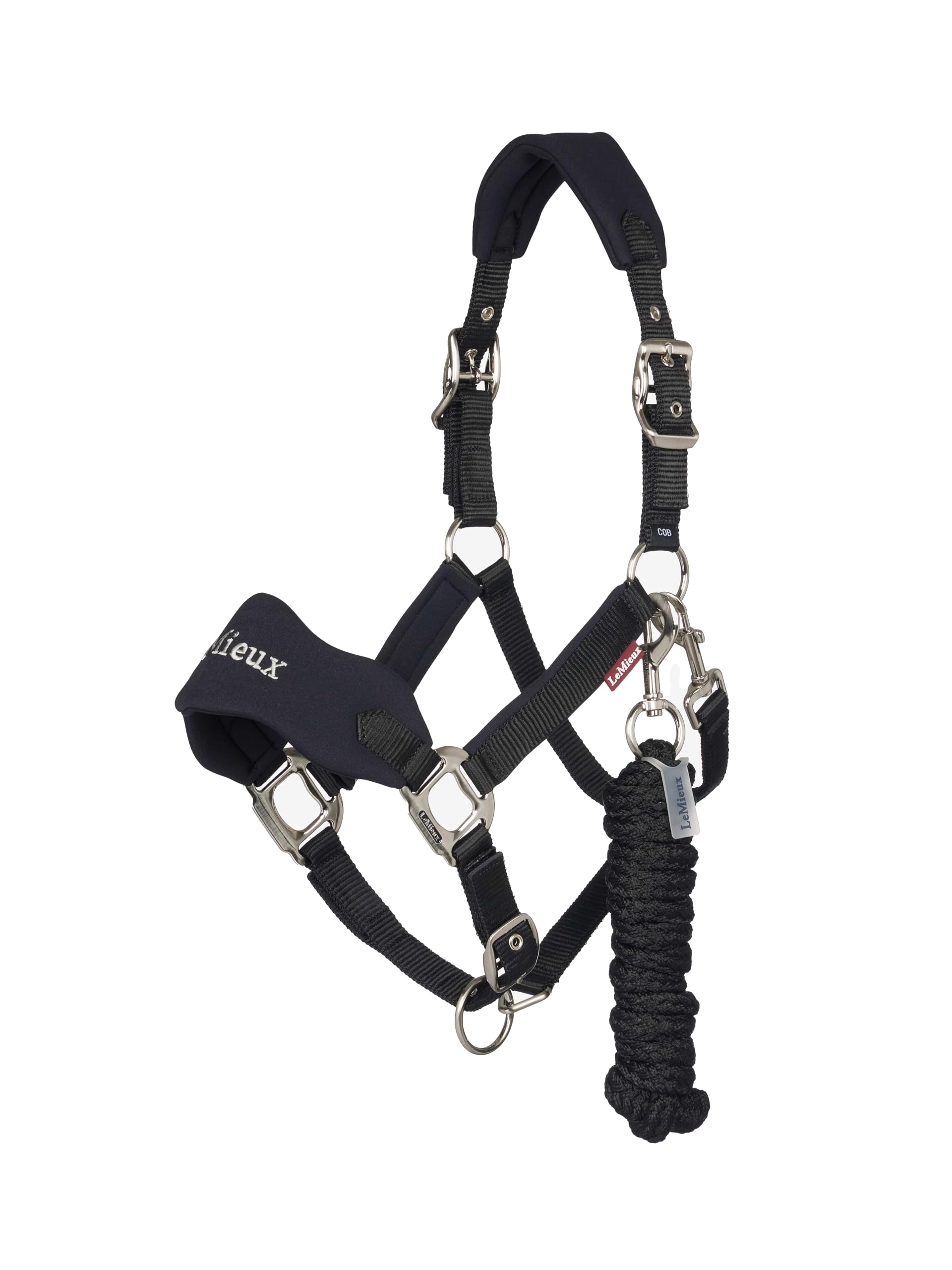LeMieux Breakaway Vogue Headcollar & Leadrope - Hook & Loop Breakaway on Headpiece & Noseband - Neoprene Padding - Black - Super Mini