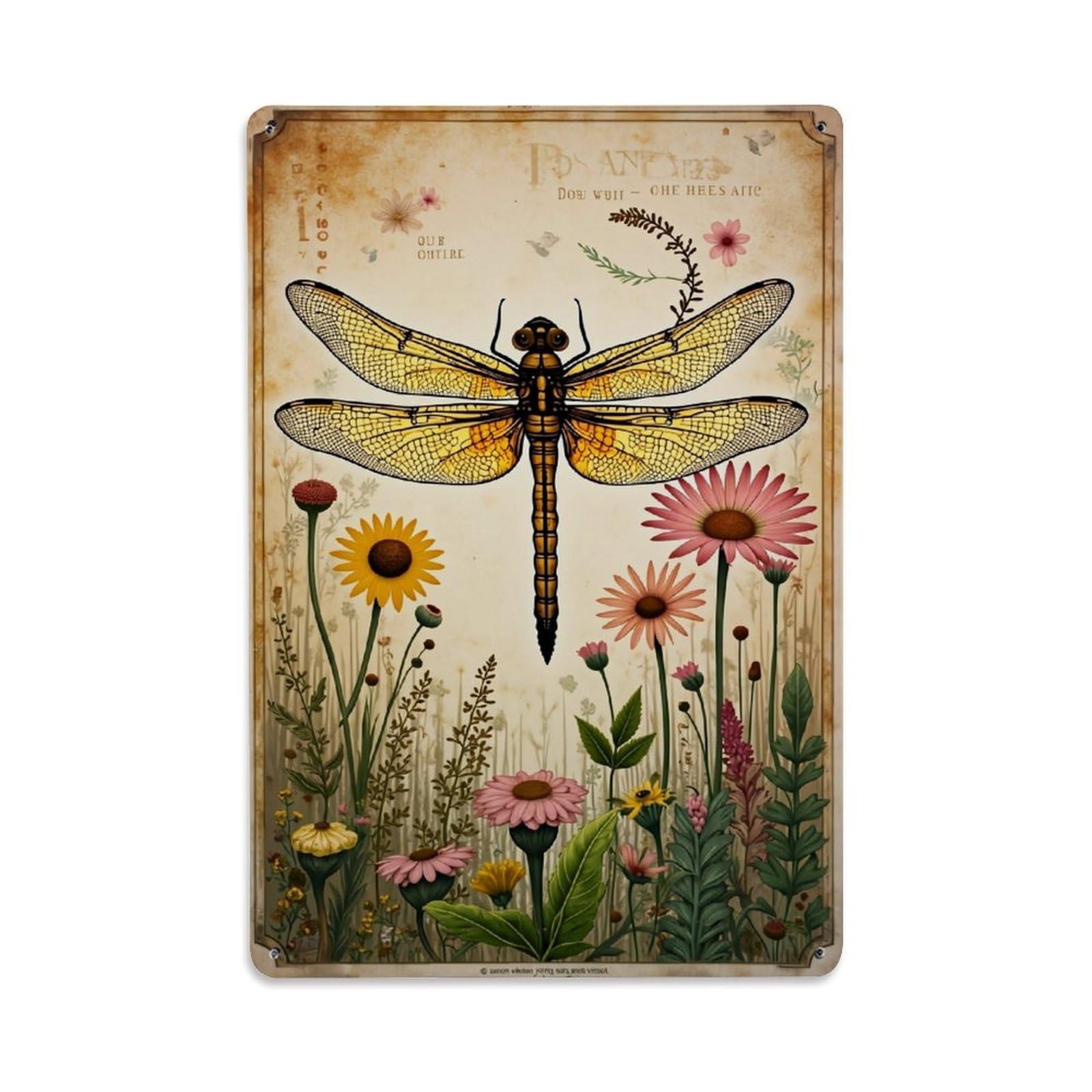 Jdfenggu Vintage Dragonfly Flower Garden Art Print Retro Metal Tin Sign, Decor Art Poster For Bar, Home, Man Cave, Kitchen, Laundry Room Gift 8X12inch