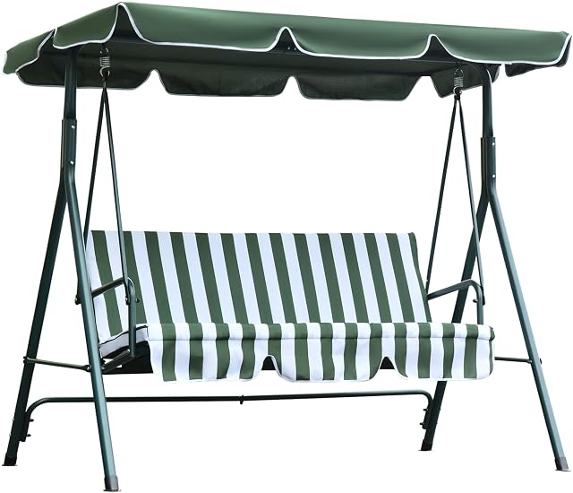 Outsunny 3 Seater Canopy Swing Chair Heavy Duty Outdoor Garden Bench with Sun Cover Metal Frame - Green