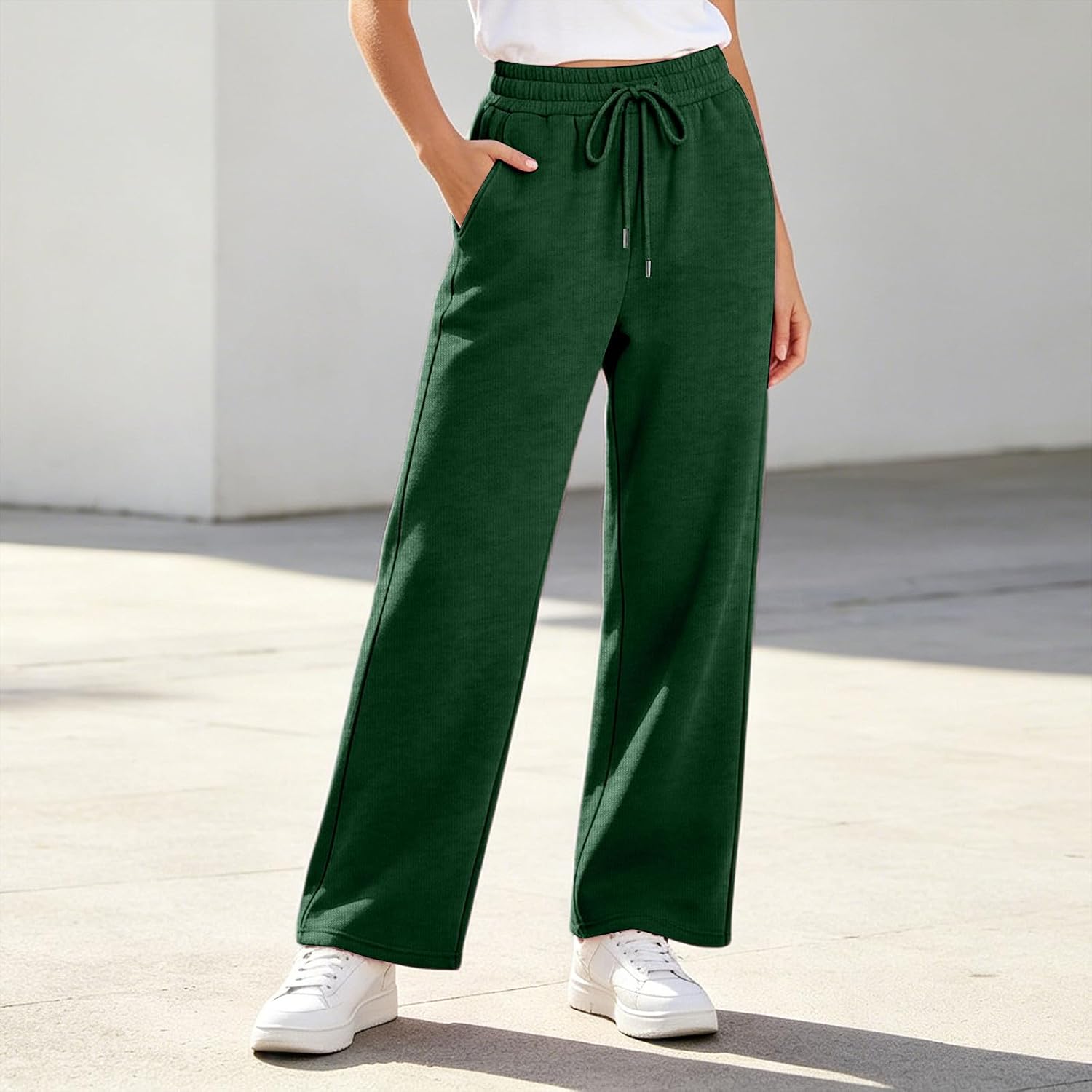 Wide Leg Sweatpants Women Fleece Elastic Waist Drawstring Trousers