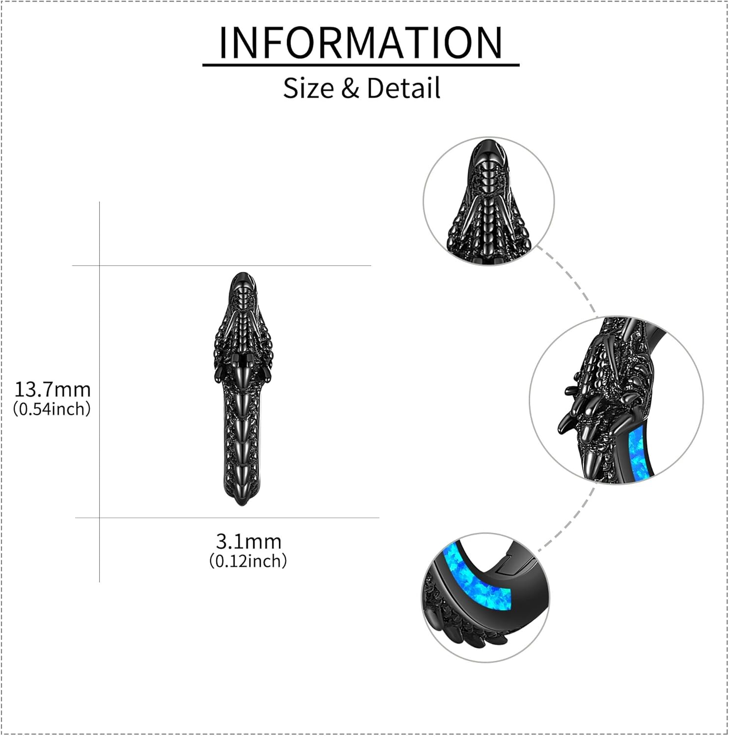 13mm Dragon Hoop Earrings Sterling Silver Black Opal Dragon Huggie Hoop Earrings Viking Punk Rock Jewelry Gift for Men - Image 5