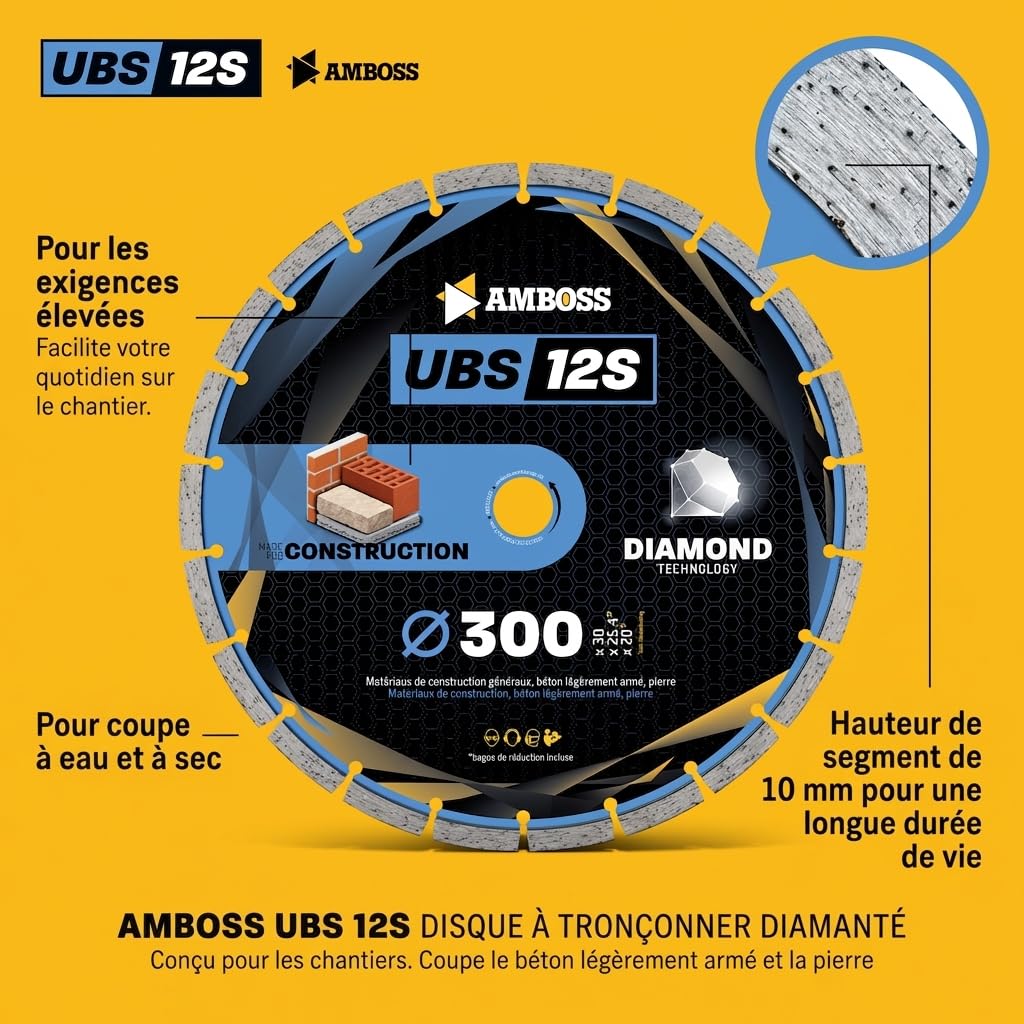 Amboss Diamant Trennscheibe UBS 12S - Disque à tronçonner diamanté Ø 300 mm x 30 mm/25,4 mm - béton légèrement armé/matériaux de chantier/pierre | Hauteur de segment : 10 mm (sintéré)