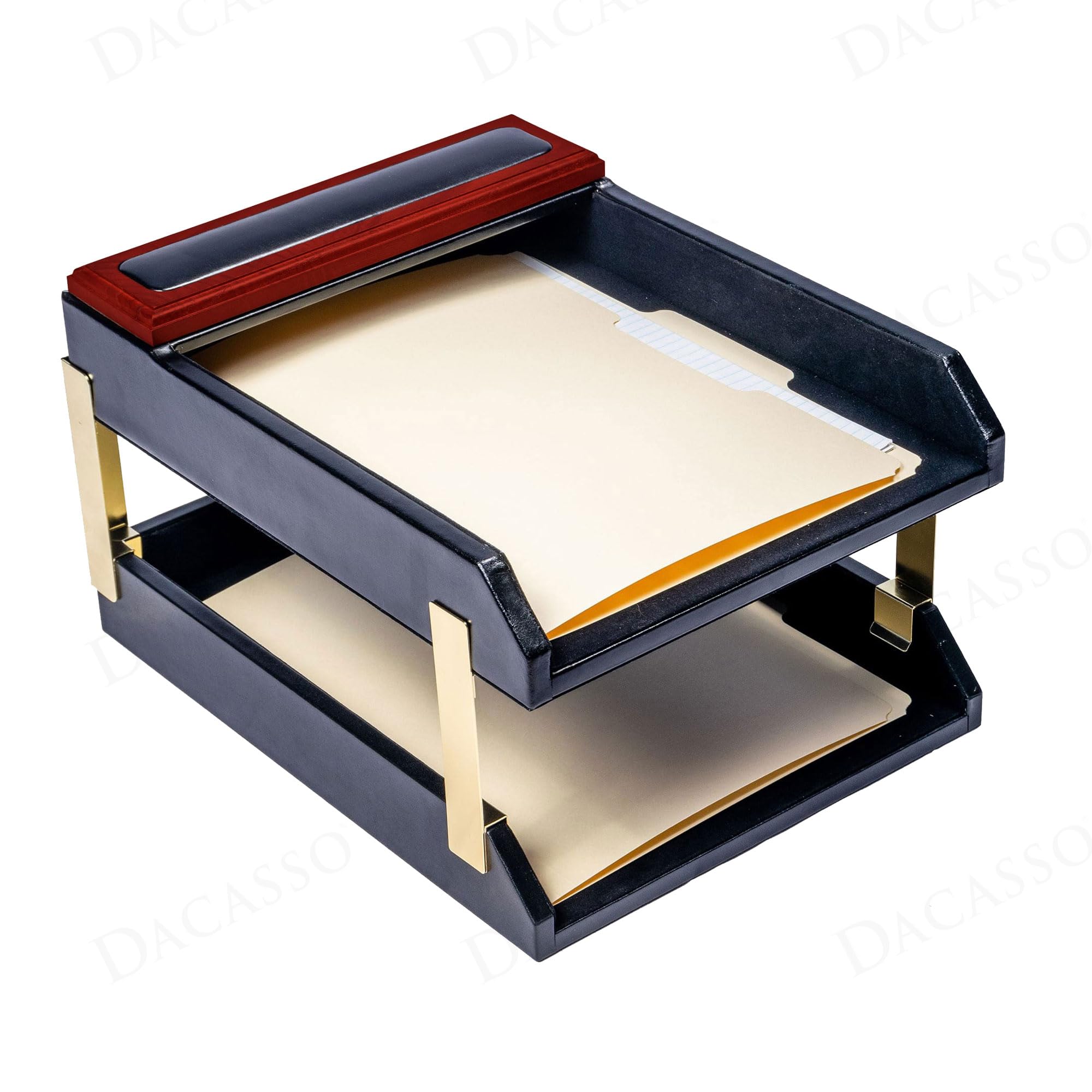 Dacasso Mahogany/Rosewood & Black Leather Double Letter Tray Set w/Gold Stacking Posts - Luxury Executive Decor and Office Essential - Desk Surface Protector