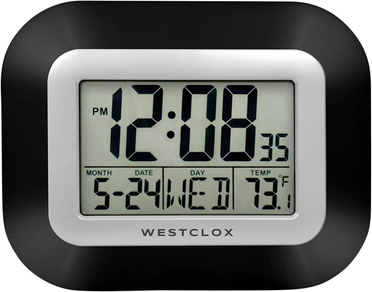 Westclox Reloj de Pared Digital Grande Funciona con Pilas con Temperatura Fecha y día de la Semana con Alarma | Reloj de escritorio digital moderno para oficina, cocina, dormitorio o sala de estar | Negro
