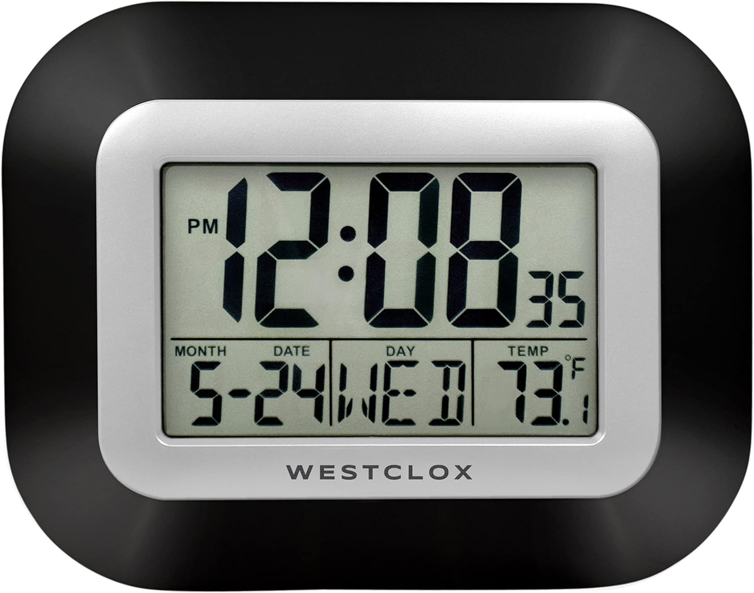 Westclox Large Digital Wall Clock Battery Operated with Temperature Date and Day of Week with Alarm | Modern Digital Desk Clock for Office Kitchen Bedroom or Living Room | Black