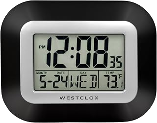 Westclox Large Digital Wall Clock with Temperature, Date, Alarm & Snooze - Battery Operated Black Desk or Wall Clock for Home Office Kitchen