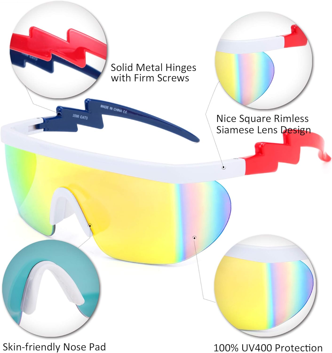 Miniatura 5 de FEISEDY Gafas de sol deportivas de los años 80 con escudo de espejo de gran tamaño gafas de esquí con parte superior plana visera futurista para