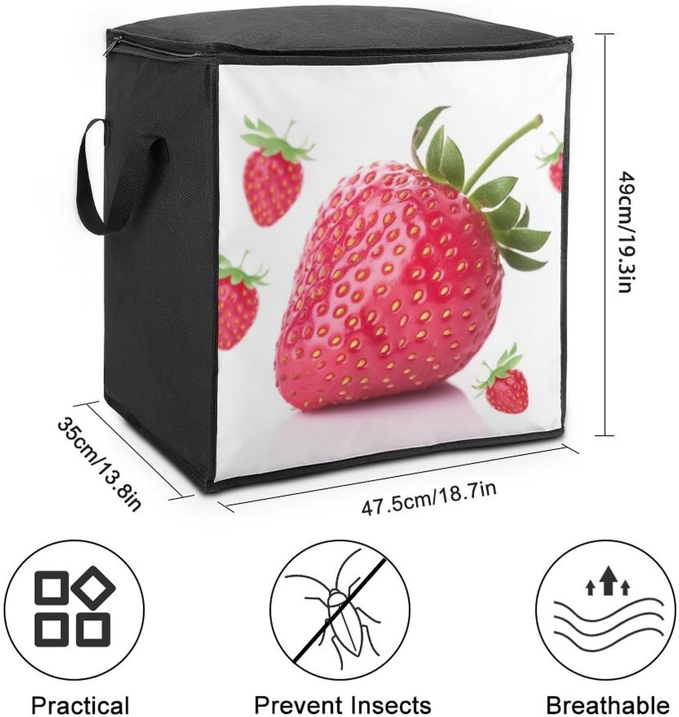 Portable Quilt Storage Bag,Strawberry Printed Foldable Wardrobe Storage Box Foldable Storage Bag with Lids And Handle Large Clothing Storage Bag for Comforters Clothes Blankets Pillows