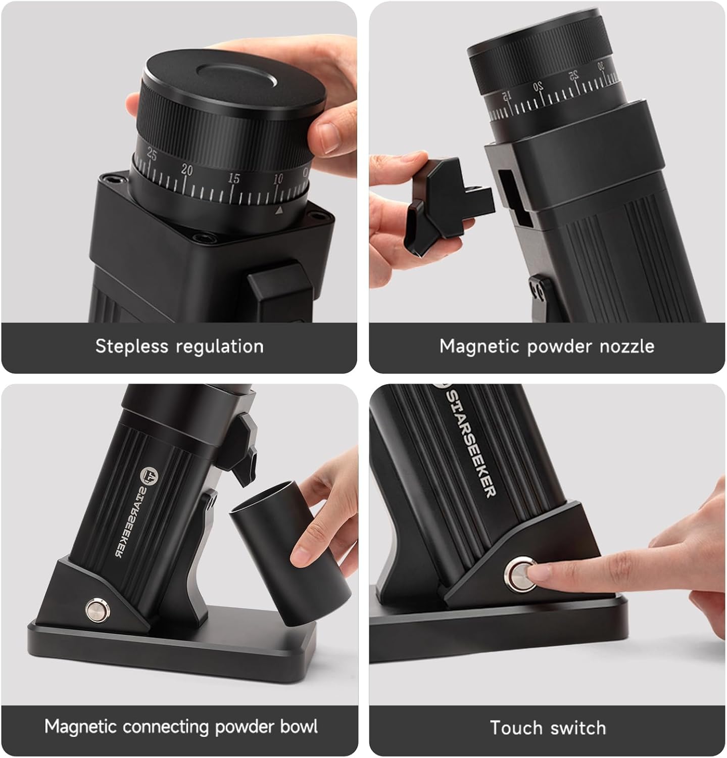 Close-up of STARSEEKER E55 grinder features: stepless regulation dial, magnetic powder nozzle, magnetic connecting powder bowl, and touch switch.