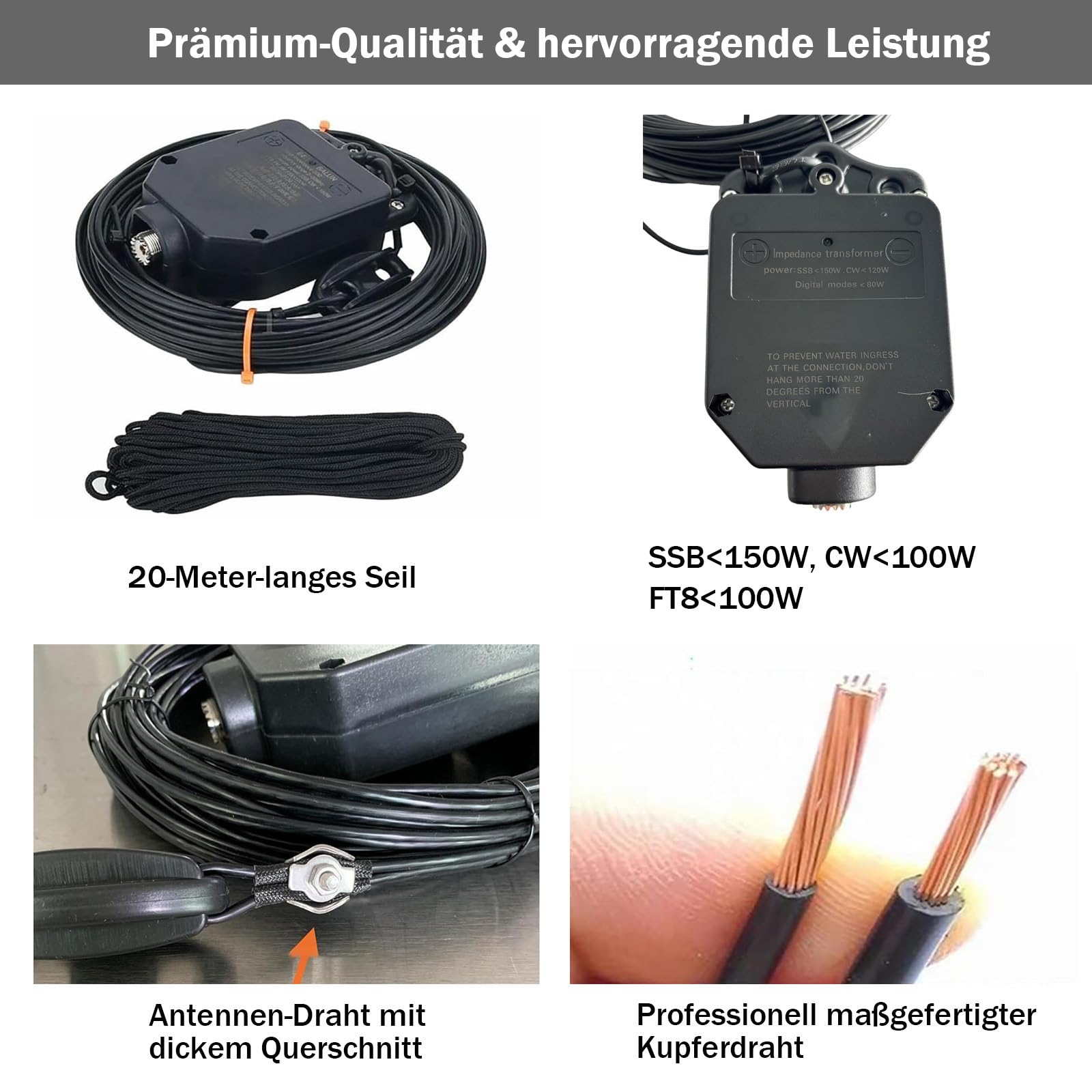 JYR8010-150W Endgepeiltes Halbwellenantenne für Amateurfunk, 150W Kurzwellenantenne, 8-Band 10m 12m 15m 17m 20m 30m 40m 80m Langdrahtantenne, 1:64 Balun ohne Abstimmung