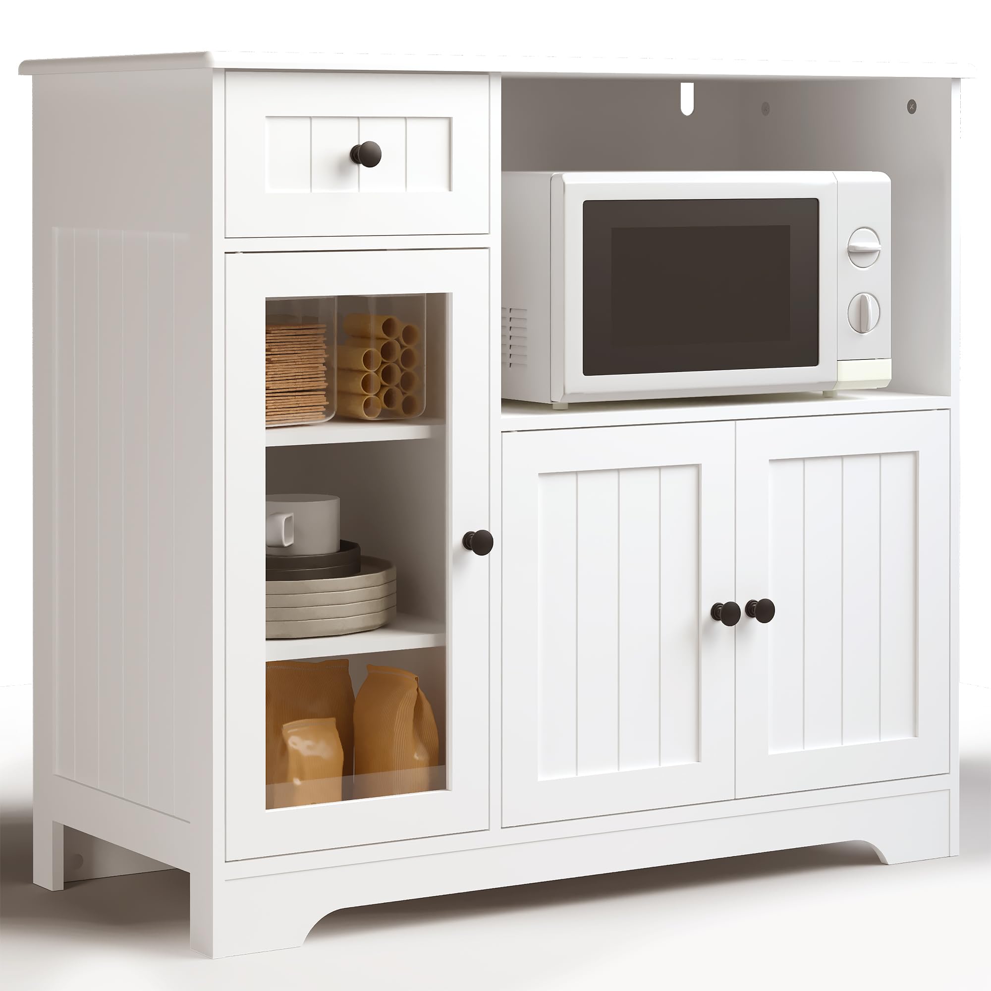 Küchenschrank mit Arbeitsplatte, Buffetschrank mit Mikrowellenregal, Sideboard mit 1 Schubladen, 3 Tür, Verstellbaren Regalen, für Küche, Esszimmer und Wohnzimmer, 90 x 40 x 82 cm, Weiß