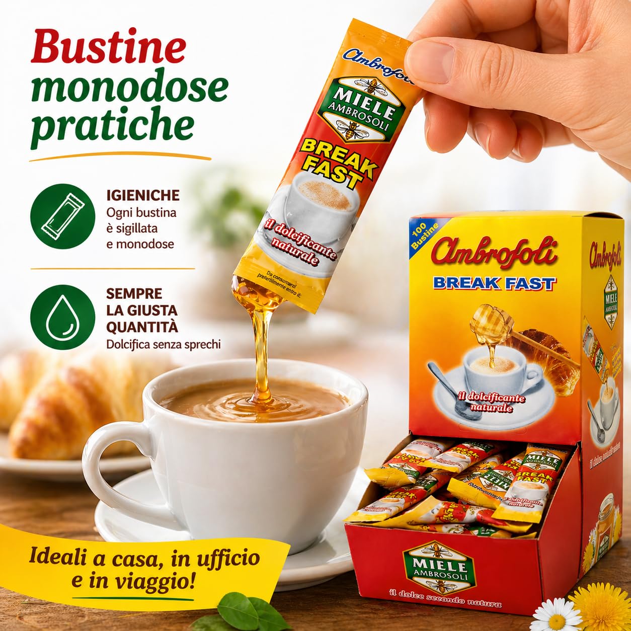 Ambrosoli Break Fast Miele in Bustine Monodose 100 x 16g (1,6 kg) – Dolcificante Naturale per Caffè, Tè e Colazione – Formato Espositore