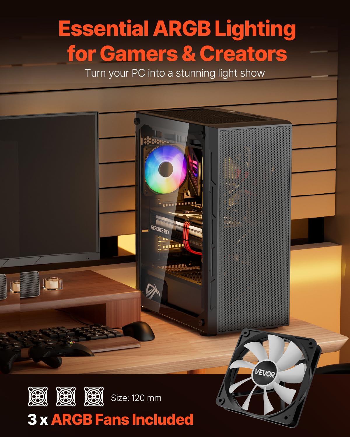 VEVOR Caja de PC Torre Media con Panel de Vidrio Templado Alto Flujo de Aire 3 Ventiladores ARGB de 120 mm Gestión de Cables Compatible con GPU hasta 320 mm de Longitud Compatible con ATX/M-ATX/ITX