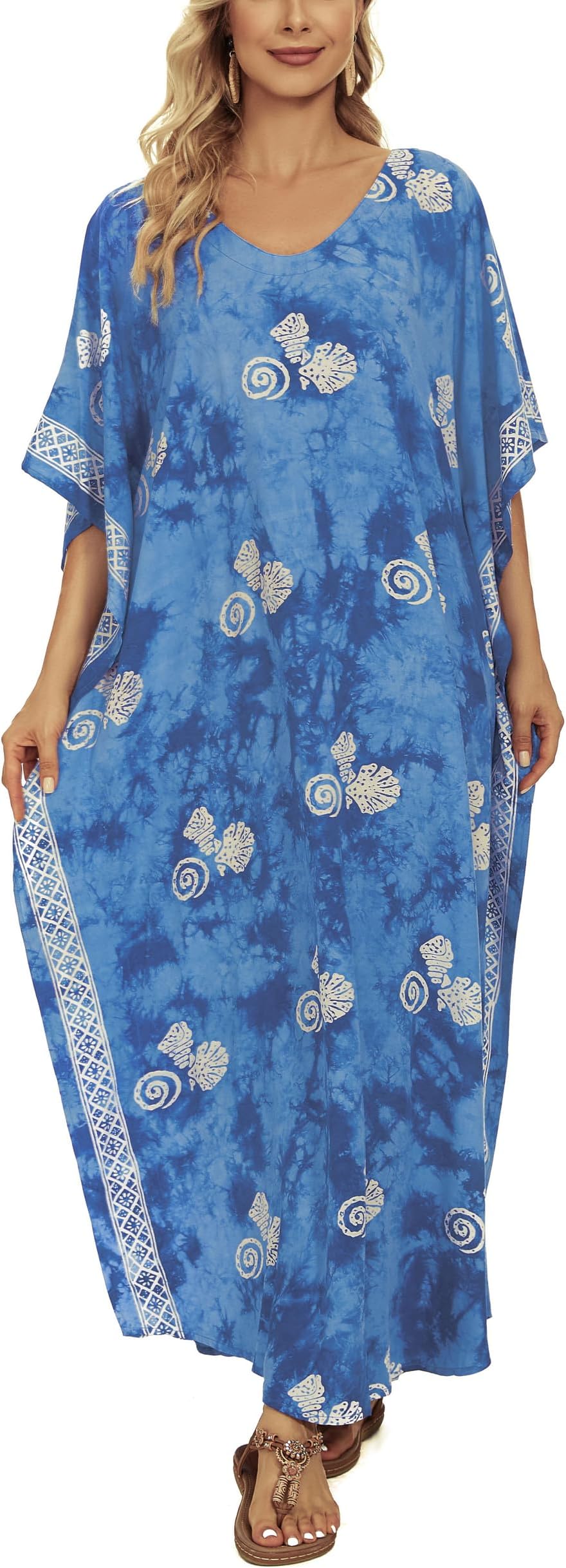 Beautybatik Women Hand Blocked Batik Rayon Caftan Kaftan Loungewear Maxi Plus Size Long Dress XL to 4X