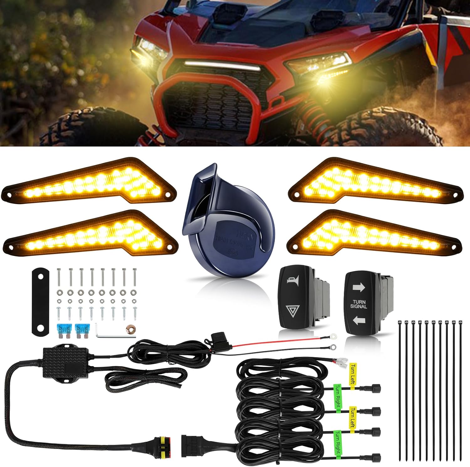 DREAMIZER UTV Turn Signal Kit with Horn, Plug and Play, Pre-Wired, UTV ATV Blinker with Rocker Switch Universal Street Legal Kit with Hazard light Compatible with Polaris, Can-Am, Teryx, CFMOTO