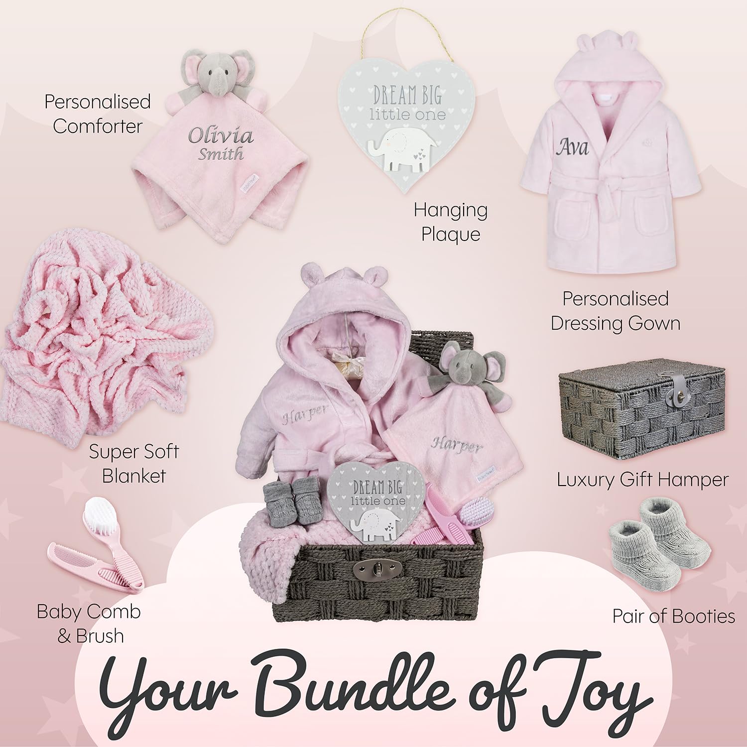 Hoolaroo Baby Gift Set Basket for Girls Pink Large Gift Hamper Newborn Elephant Comforter Blanket Baby Shower Special Unique New Present Soft Cute - Image 4