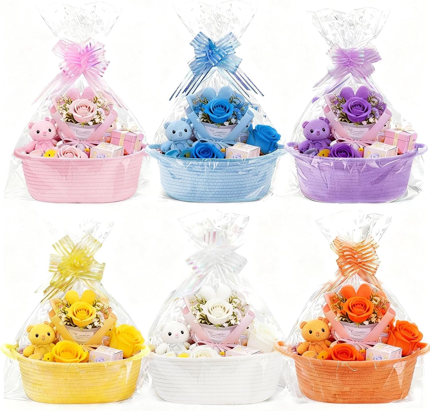 Airsnigi 6 Pcs Woven Basket with Gift Bags and Ribbons, Empty Woven Basket for Gift, Cute Decorative Gift Organizer for Baby Showers, Raffle, Easter and Mother's Day,11.81x7.9x4.7 inch