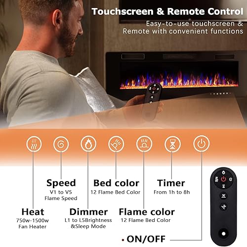 Vista 4 de Vitesse 50 Inch Ultra Thin Electric Fireplace-Narrow Bezel Linear Fireplace Heater Recessed Wall Mounted, Remote and Screen Control, 8H Sleep Timer
